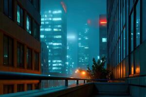 un ciudad calle a noche con alto edificios y luces foto