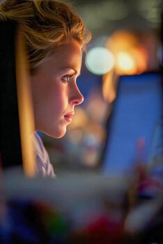 mujer trabajando tarde a computadora foto