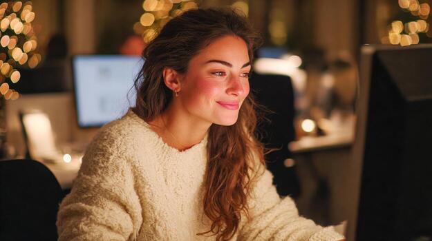 Woman smiling, working on computer at night photo