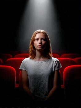 Woman sits alone in empty theater photo