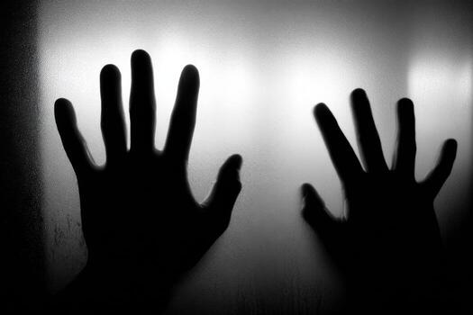 Two hands are shown in the dark with a light shining on them photo