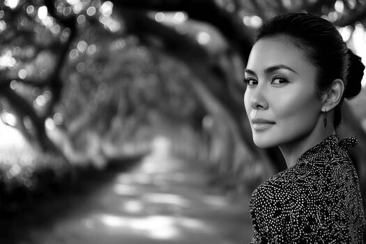 A woman in black and white posing in front of trees photo