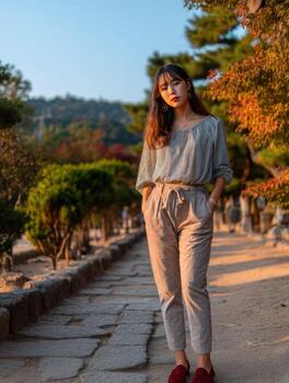 A woman in a gray top and pants standing on a path photo