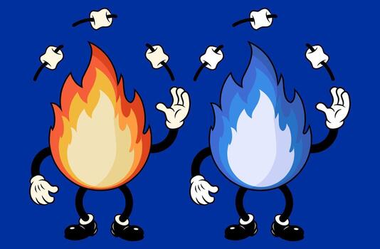 vibrant red flame and a cool blue flame. Both are depicted with bold, classic cartoon features, juggling marshmallows on sticks with a playful and spirited attitude. vector