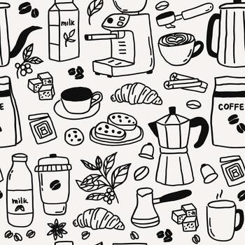Seamless pattern with whimsical coffee line art doodle sketch. Whimsy breakfast background with coffee cup, machine, vector
