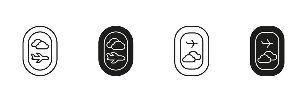 Airplane Window View With Clouds Icon Set. Travel And Aviation Experience Outline And Silhouette Symbol Collection. Journey And Flight Perspective. Isolated Illustration vector