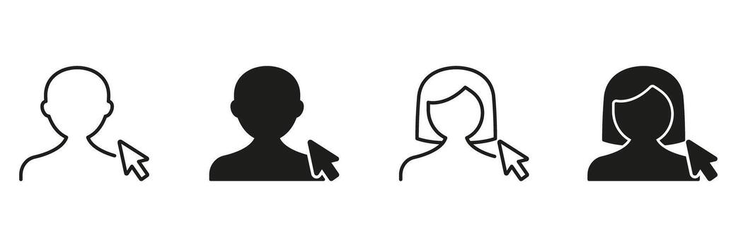 User Profile Selection Icon Set. User Interface And Account Management Outline And Silhouette Symbol Collection. Male And Female Avatar With Cursor Pointer. Isolated Illustration vector