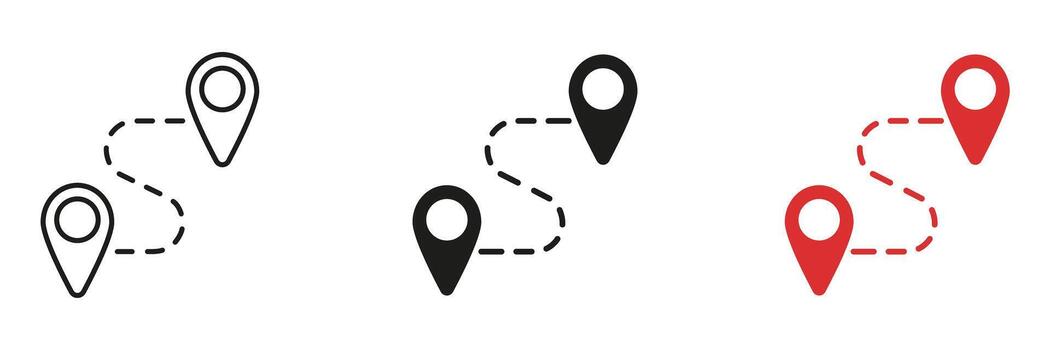 Location Pin Pathway Line And Solid Icon Set. Navigation, Route Planning, And Gps Tracking Outline And Silhouette Symbol Collection. Travel And Directional Guidance. Isolated Illustration vector