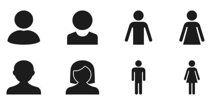 User And Gender Profile Icons Solid Icon Set. User Identification, Gender Representation, And Profile Silhouette Symbol Collection. Social Media And Networking. Isolated Illustration vector