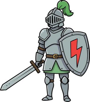 Medieval knight in armor holding sword and shield with red lightning bolt illustration vector
