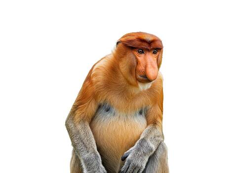 Proboscis monkey with its distinctive large nose, sitting and looking forward, isolated on white background photo
