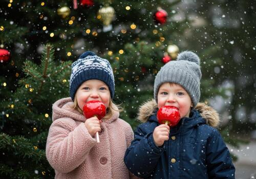 Two children enjoying candy apples in front of a decorated christmas tree in the snow photo
