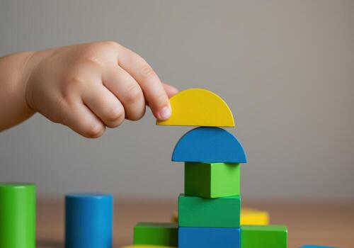 A childs hand places a yellow halfcircle block on top of a colorful tower photo