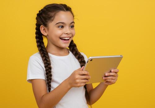 Young girl happily using a tablet computer, isolated on a bright yellow background photo