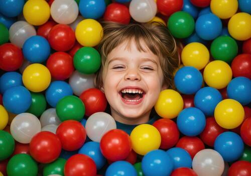 A laughing child with eyes closed, immersed in a colorful ball pit, having fun photo