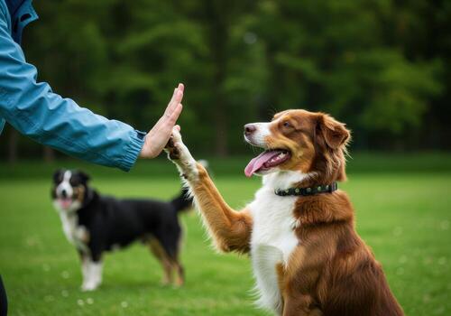 A dog gives a highfive to a person in a park with another dog in the background photo