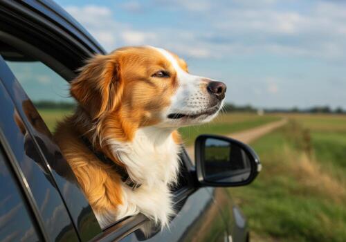 Happy dog with head out of car window enjoying the scenic countryside view photo