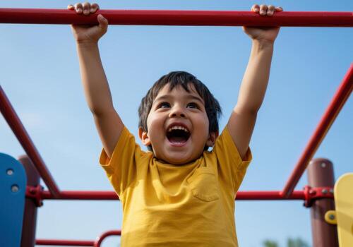 Excited boy laughing while climbing monkey bars at the playground photo
