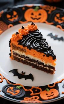 de cerca detalle con un macro lente de uno sección. un rebanada de capa pastel en un plato es decorado estéticamente y lujosamente. utilizar Víspera de Todos los Santos colores para el capa pastel foto