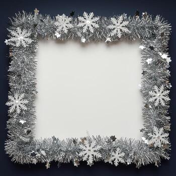 Sparkling Silver Tinsel Christmas Frame with Snowflakes on Clean Background. photo