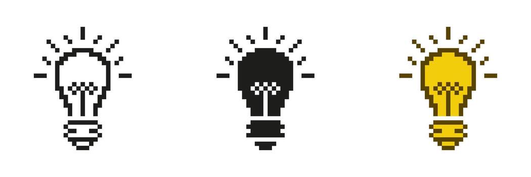 Lightbulb Pixelated Icon Set. Bright Idea Symbol Of Innovation and Creativity in Pixel Art Style. Inspiration and Creative Thought. Isolated Illustration vector