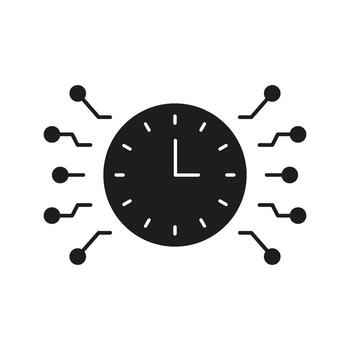 reloj con circuito conexiones sólido icono. hora gestión, digital sincronización, y tecnología integración silueta símbolo. eficiente flujo de trabajo. aislado ilustración vector