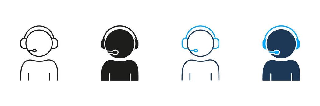 Call Center Operator With Headset Line And Solid Icon Set. Customer Support, Communication, Telecommunication Symbol Collection. Help Desk And Technical Assistance. Isolated Illustration vector