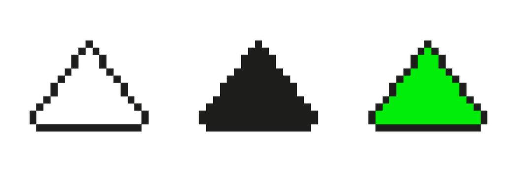 Pixel Art Triangle Icon Set. Geometric Symbols In Pixelated Style. Includes White, Black, And Green Variations. Isolated Illustration vector