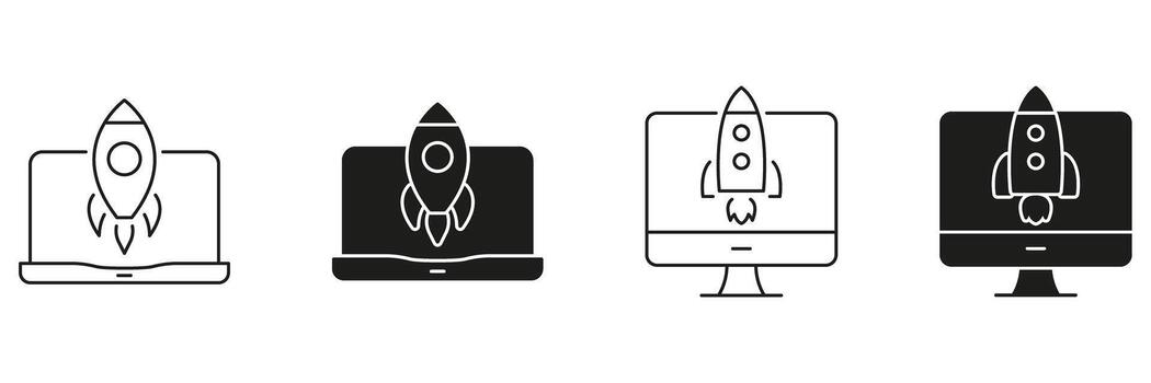 cohete lanzamiento en computadora pantalla línea y sólido icono colocar. puesta en marcha, innovación, y tecnología avance símbolo recopilación. negocio crecimiento y digital transformación. aislado ilustración vector