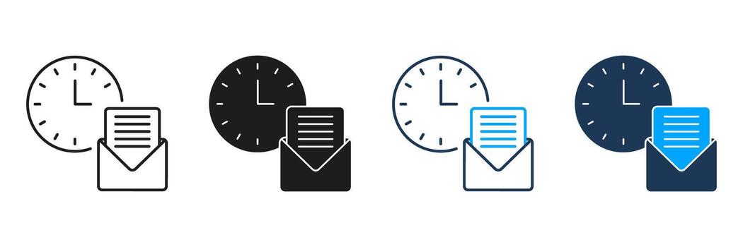 reloj y correo electrónico línea y sólido icono colocar. programado correo electrónico entrega y hora administración símbolo recopilación. eficiente comunicación y tarea planificación. aislado ilustración vector