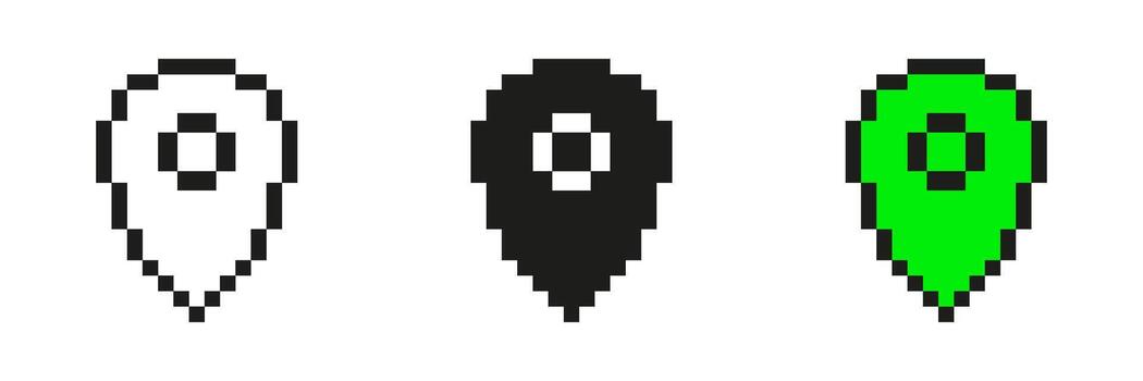 Pixel Art Map Pin Icon Set. Location Marker Symbols In Black, White, And Green. Navigation And Geolocation Pixelated Design. Isolated Illustration vector
