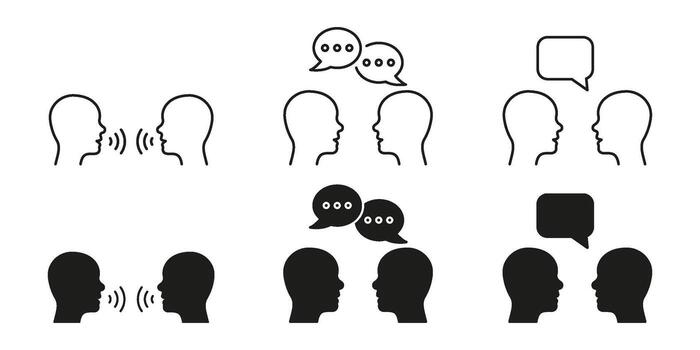 Two People Communicating Line And Solid Icon Set. Conversation, Dialogue, And Interaction Symbol Collection. Speech Bubbles And Sound Waves. Isolated Illustration vector