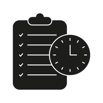 portapapeles con reloj sólido icono. tarea Planificación, hora gestión, y productividad rastreo silueta símbolo. eficiente flujo de trabajo planificación. aislado ilustración vector