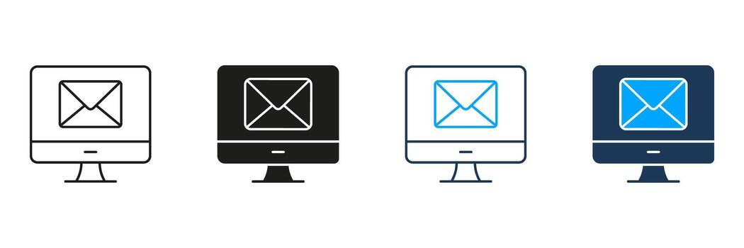 computadora monitor con correo electrónico sobre línea y sólido icono colocar. digital comunicación, correo electrónico notificación, y en línea mensajería símbolo recopilación. correo electrónico gestión. aislado ilustración vector