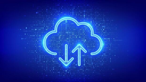 Cloud icon made with binary code. Cloud computing service. Database storage Data center. Transfer data. Cloud Storage. Upload download app. Digital code background with digits 1.0. illustration vector