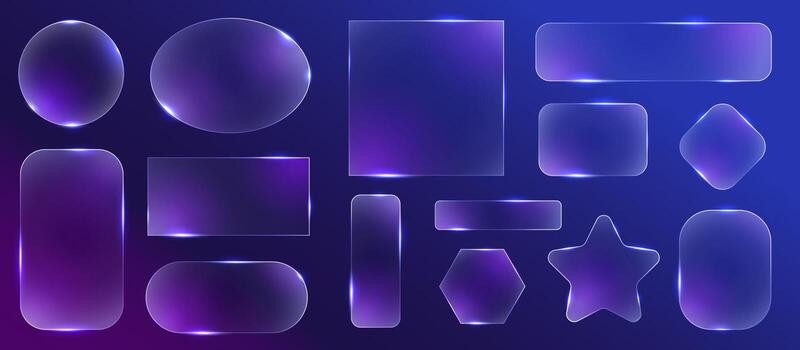 Glass frames. Futuristic glowing HUD borders with glassmorphism transparent effect, digital LED light elements for banner design. glossy neon illuminated frame set vector