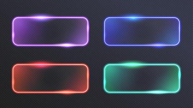 Technology rectangle frame. Futuristic glowing glass border collection, abstract game shiny label design, neon light glassmorphism effect. LED sign isolated set vector