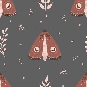 Seamless pattern with boho moth. Insect with celestial elements. Witch and magic symbol for textile, fabric, prints. Abstract hand drawn illustration in bohemian style vector