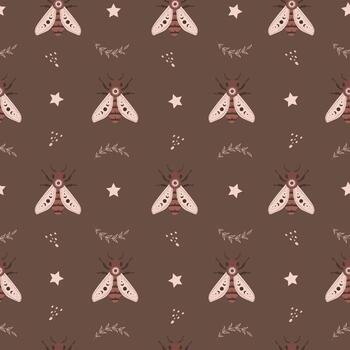 Seamless pattern with boho honeybee. Insect with celestial elements. Witch and magic symbol for textile, fabric, prints. Abstract hand drawn illustration in bohemian style vector