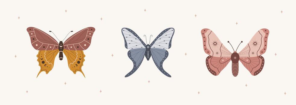 Boho butterfly bundle. Set of insects with celestial elements. Alchemy esoteric symbols. Abstract hand drawn moths. illustration in bohemian style vector