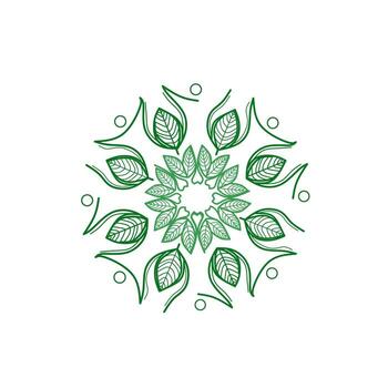 This green mandala features a symmetrical design of leaves and abstract figures, symbolizing nature, growth, and harmony in a clean, modern style. vector