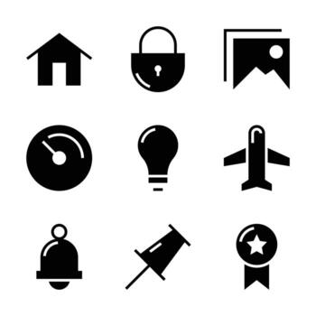 Modern icon set representing home, security, travel, innovation, and success in simple black and white vector