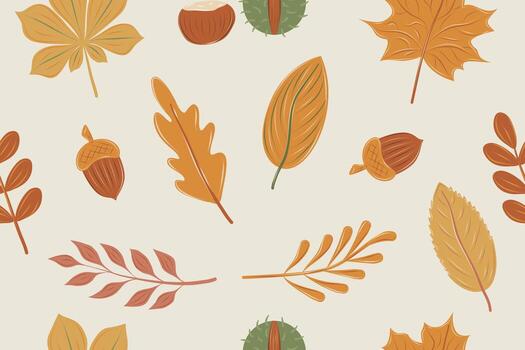 Autumn fall leaves seamless pattern. Chestnut leaf, maple, aspen, branch on the light olive background. vector