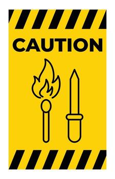 Caution Sign Featuring Flame and Sharp Object on Yellow Background vector