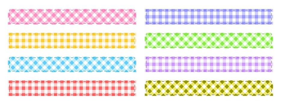 Textile tapes with checkered pattern and stitched border lines. Rectangular patches with gingham or vichy fabric print isolated on white background. flat illustration vector