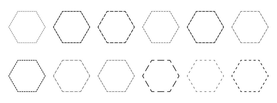 Set of hexagon shapes with dashed lines. Dotted geometric figures isolated on white background. Cut here pictograms. outline illustration vector