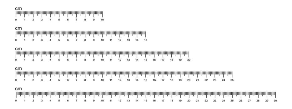 Set of ruler scales with 10, 20, 25 and 30 centimeters markup isolated on white background. Math or sewing length measurement tool layout. graphic illustration vector