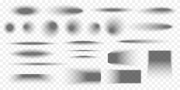 Set of different shadow effects for package mockups. Soft shapes. Square and rectangle, round and oval shades. realistic illustration vector
