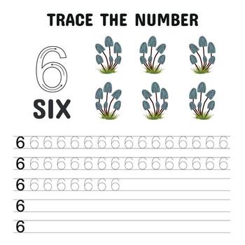 Fun number tracing worksheet for preschoolers featuring the number 6 with clusters of blue mushrooms. Ideal for early math and autumn-themed learning activities. vector