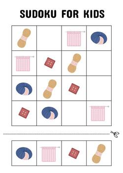 Yarn and Button Sudoku Game for Early Learners. Sudoku puzzle for kids with cute illustrations of yarn, knitting swatches, and red buttons i vector